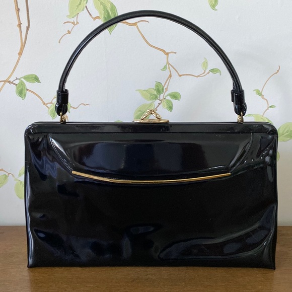 Vintage Handbags - VTG Lewis Crown Black Patent Leather Handbag with Gold Trim Accents.